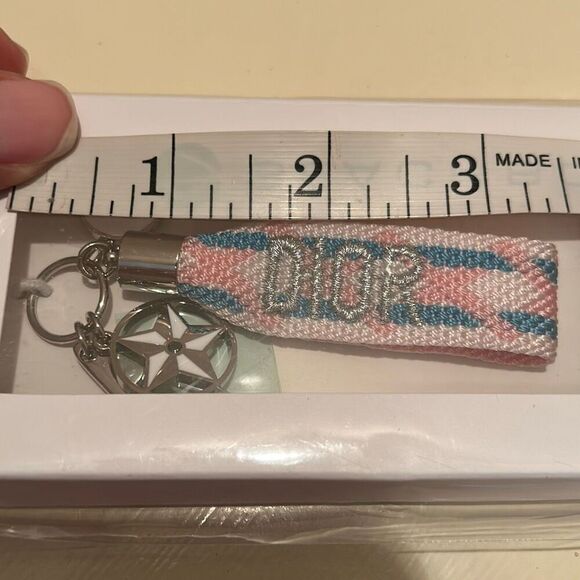 Dior Embroidered Ribbon Ring Keychain Stripe Pink Blue White Dangle Charms NWT - Picture 8 of 8